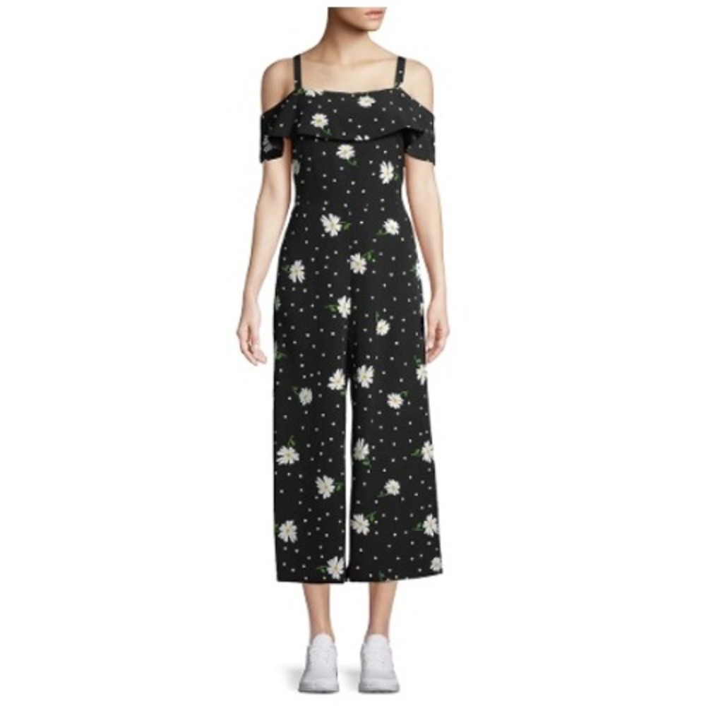 Karl Lagerfeld Cold Shoulder Jumpsuit Womens 12 Black Floral Polka Dot Ruffle
